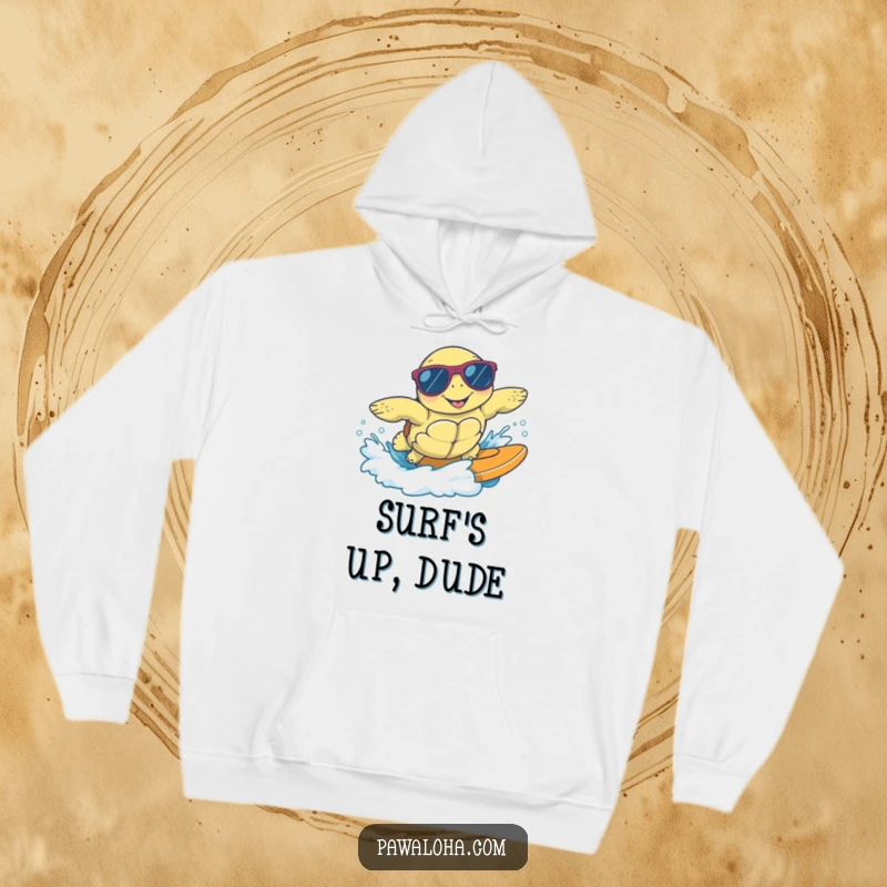 Funny hoodie depicting a happy sea turtle in sunglasses, gracefully surfing a gentle wave, offering cozy and cool beach vibes.