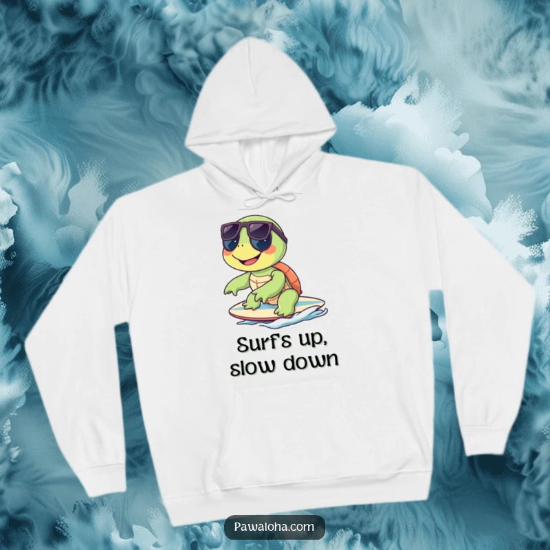 Funny turtle in sunglasses riding a surfboard, depicted on a warm and comfortable hoodie, ready for adventure.