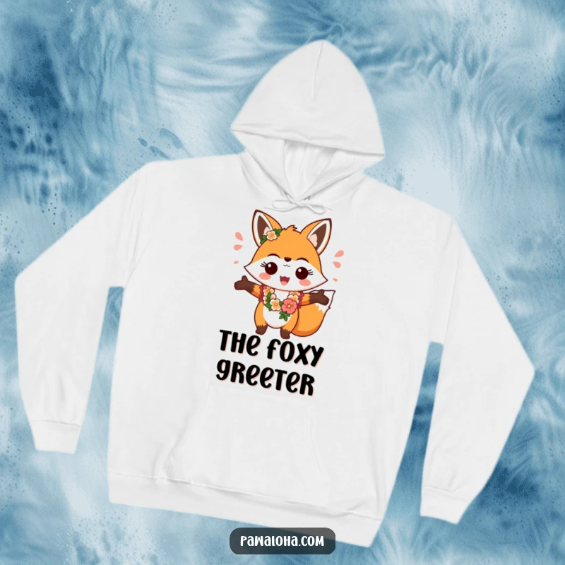 Funny fox character in a lei, offering a cheerful greeting with open arms on this warm and friendly hoodie.