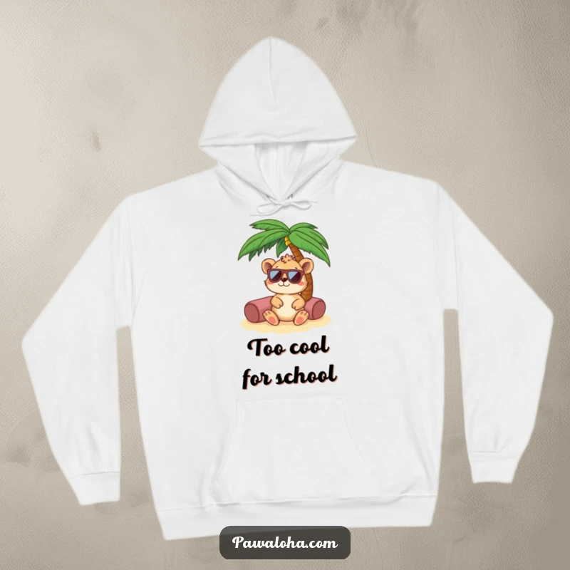 Funny animal wearing sunglasses, lounging under a palm tree on a cozy hoodie. Ultimate comfort and stylish shade.