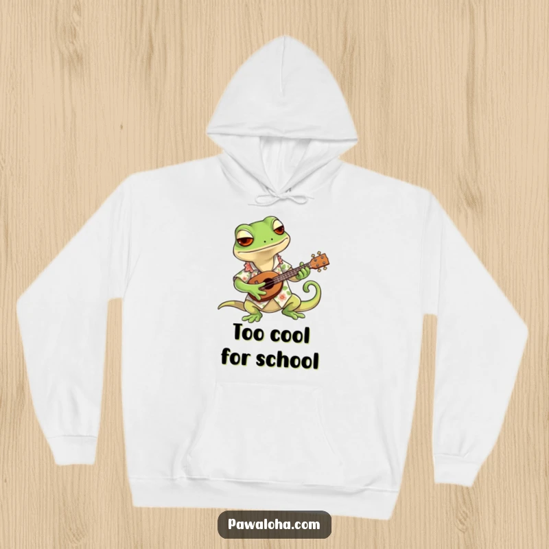Funny hoodie featuring a cool gecko in a colorful Hawaiian shirt, strumming a tiny ukulele, designed for ultimate comfort and humor.
