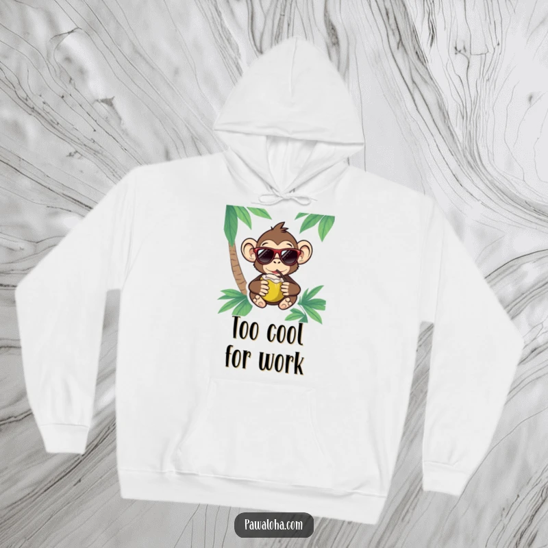 Funny Monkey Hoodie featuring a cool monkey enjoying a coconut drink while wearing sunglasses, perfect for warm relaxation.