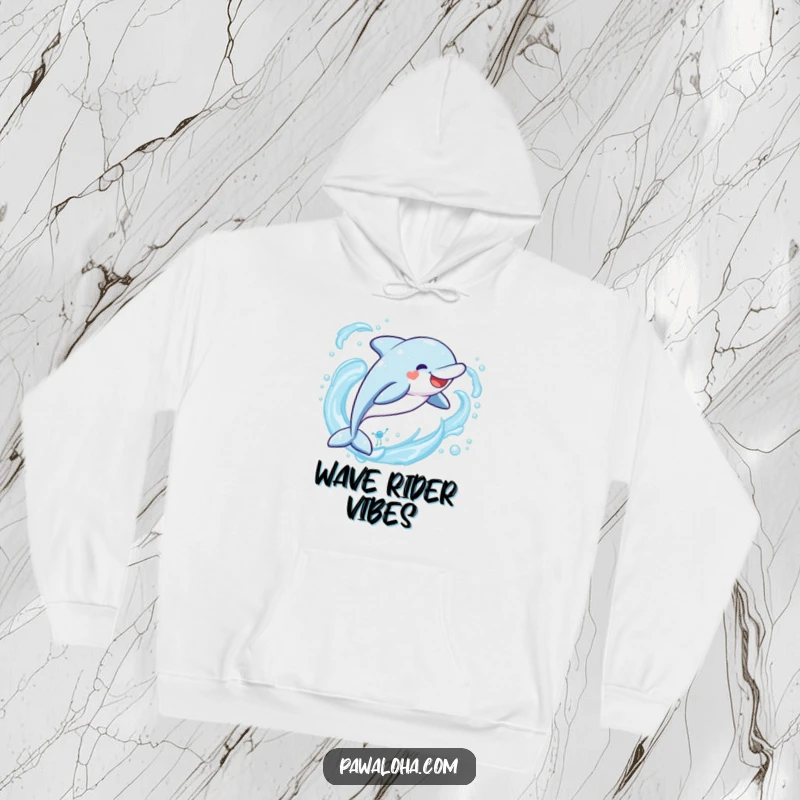 Funny Kawaii dolphin hoodie, a cute character leaping joyfully through ocean waves, offering cozy and humorous warmth.