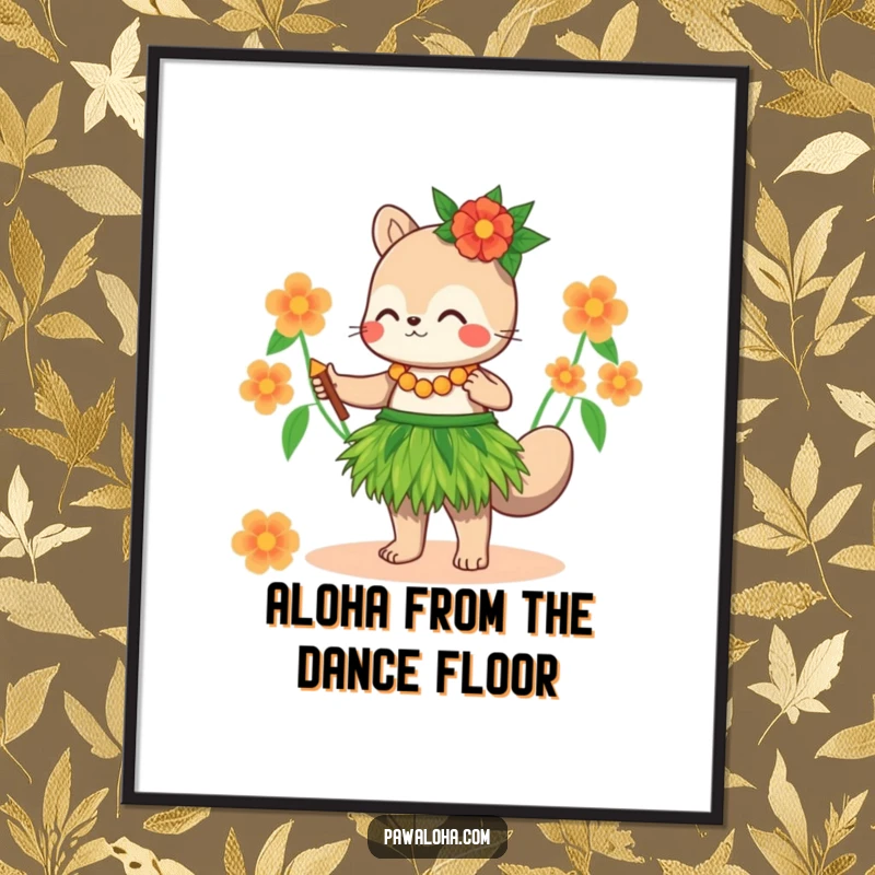 Funny Free Printable Wall Art: A cute animal energetically hula dancing in a grass skirt, vibrant and fun downloadable art.