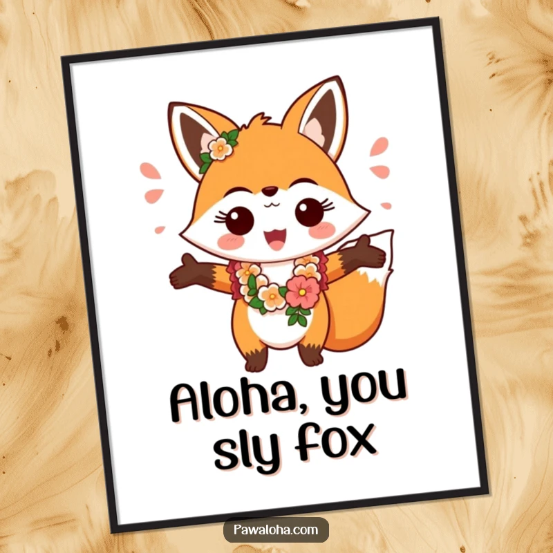Funny Free Printable Wall Art: A fox wearing a lei, arms spread wide in a cheerful, open-armed greeting.