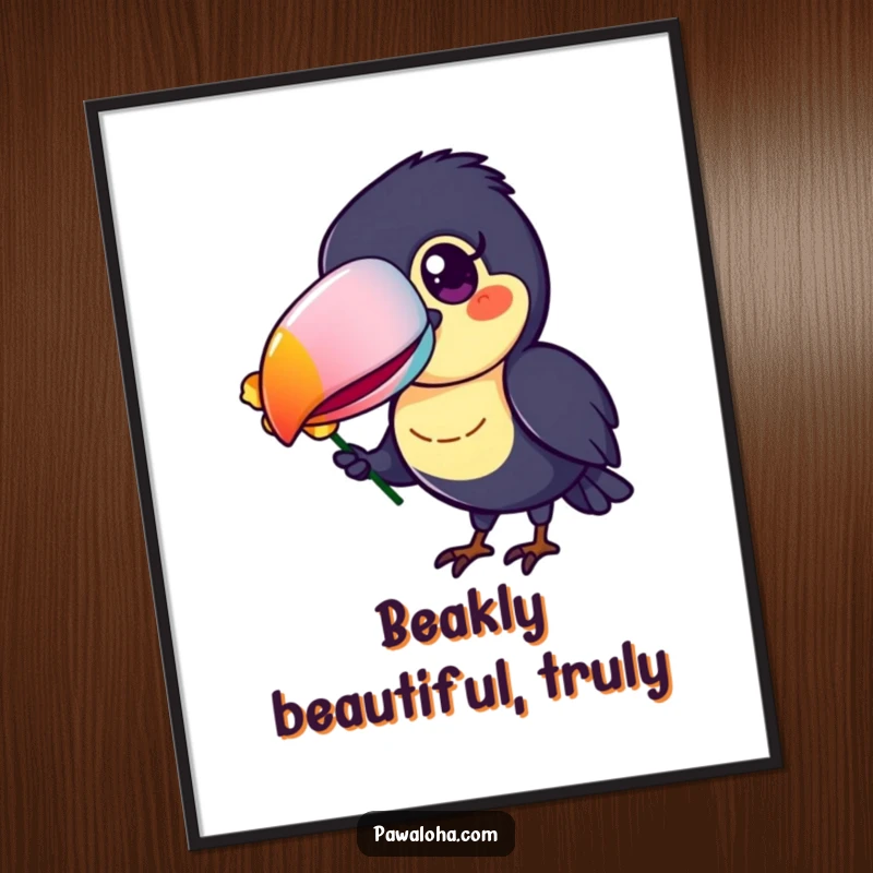 Funny Free Printable Wall Art: A cheerful toucan with a striking, colorful beak offers a flower petal, bringing a tropical, whimsical feel.