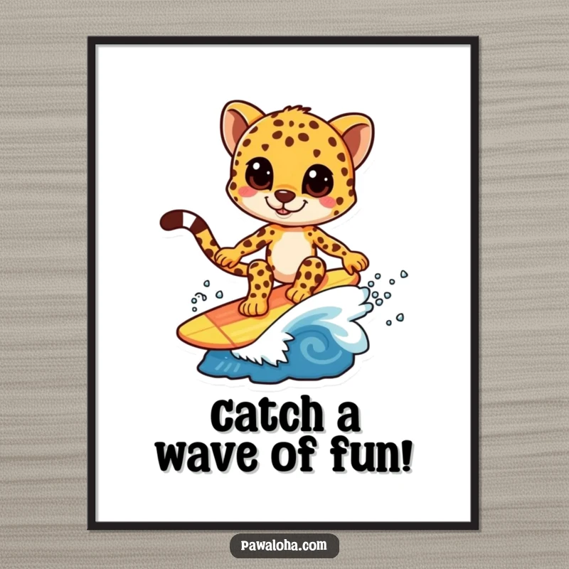 Funny Free Printable Wall Art: A cheetah character confidently surfs a small, energetic wave with a splash.