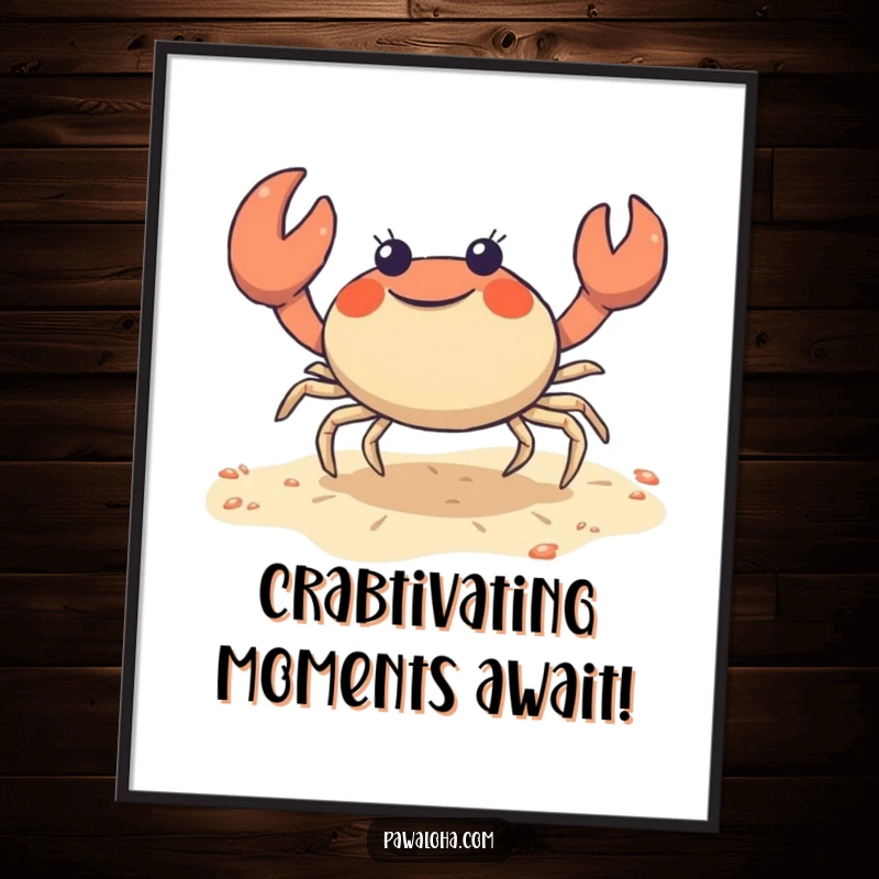 Funny Free Printable Wall Art: Cute crab character doing a joyful sideways shuffle on the sand, radiating beachy fun, perfect DIY downloadable decor.