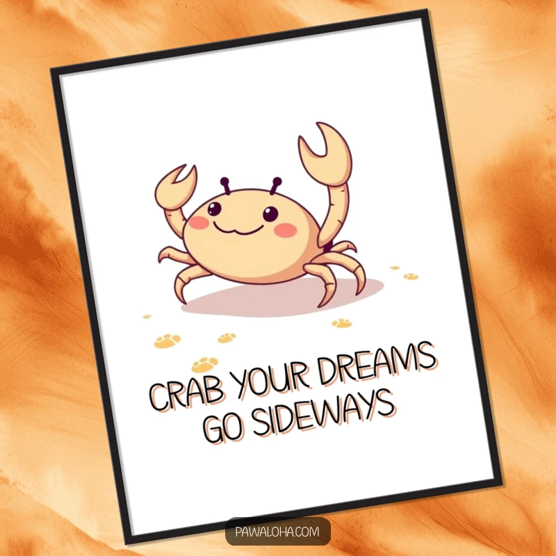 Funny free printable wall art of a happy crab scuttling sideways on the sand, leaving a trail of tiny footprints.
