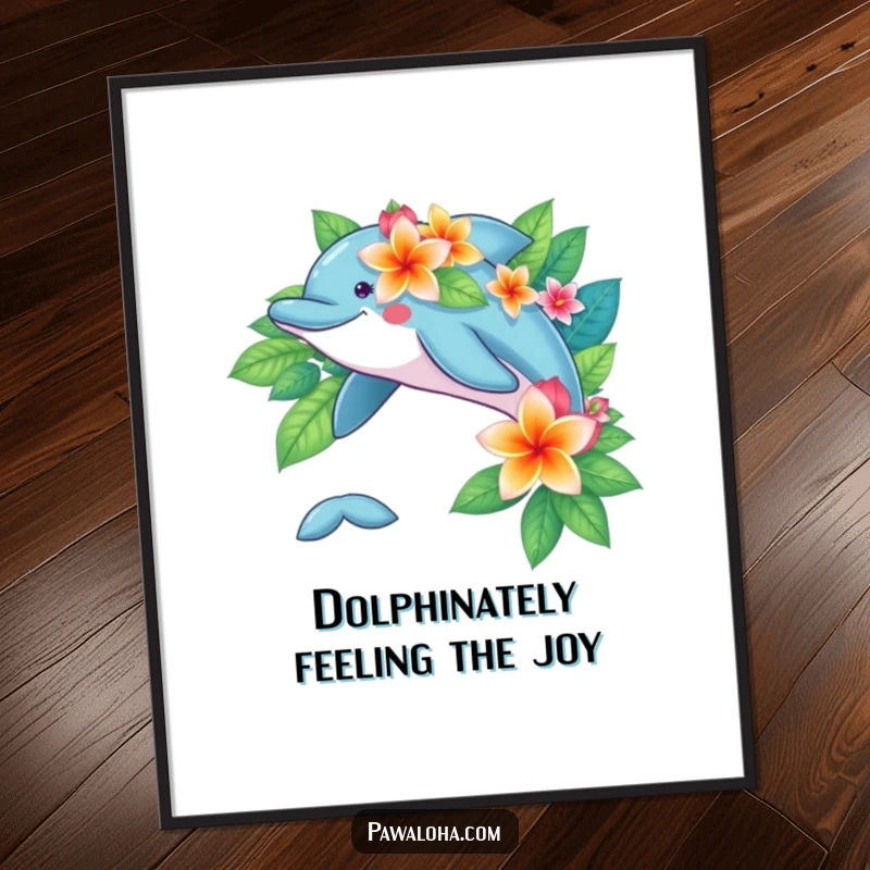 Funny free printable wall art of a playful leaping dolphin adorned with vibrant tropical flowers.