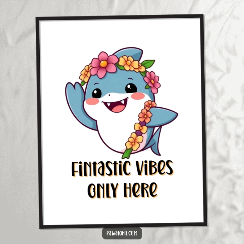 Funny Free Printable Wall Art: Friendly shark character wearing a colorful lei, giving a cheerful wave. Ocean-themed downloadable art.