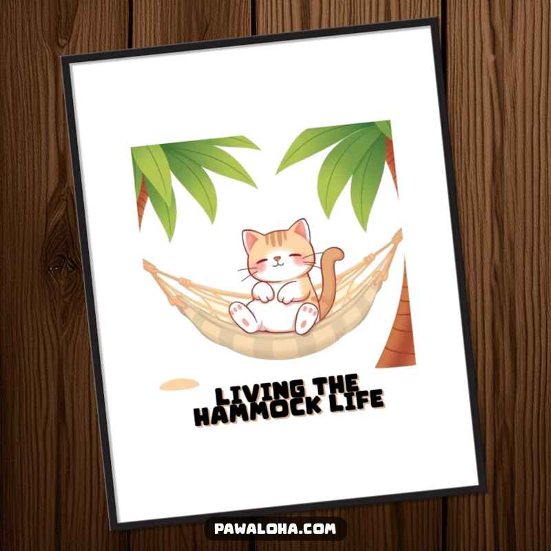 Funny free printable wall art: A relaxed cat is chilling in a hammock strung between two tropical palm trees.