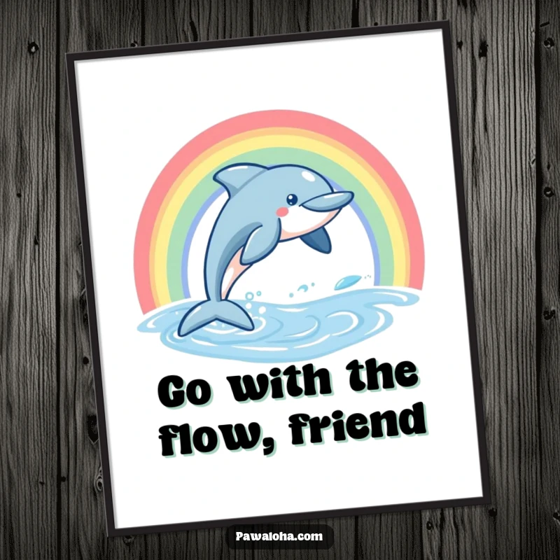Funny Free Printable Wall Art: A friendly dolphin leaping energetically from the ocean waves, under a beautiful, arching rainbow.