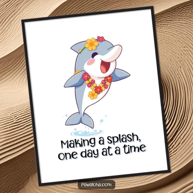 Funny Free Printable Wall Art: A cute dolphin wearing a festive lei leaps joyfully out of the water, adding coastal humor.