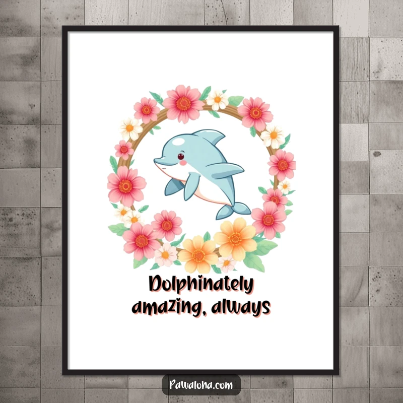 Funny Free Printable Wall Art of a kawaii dolphin leaping energetically through a circular hoop adorned with vibrant flowers.