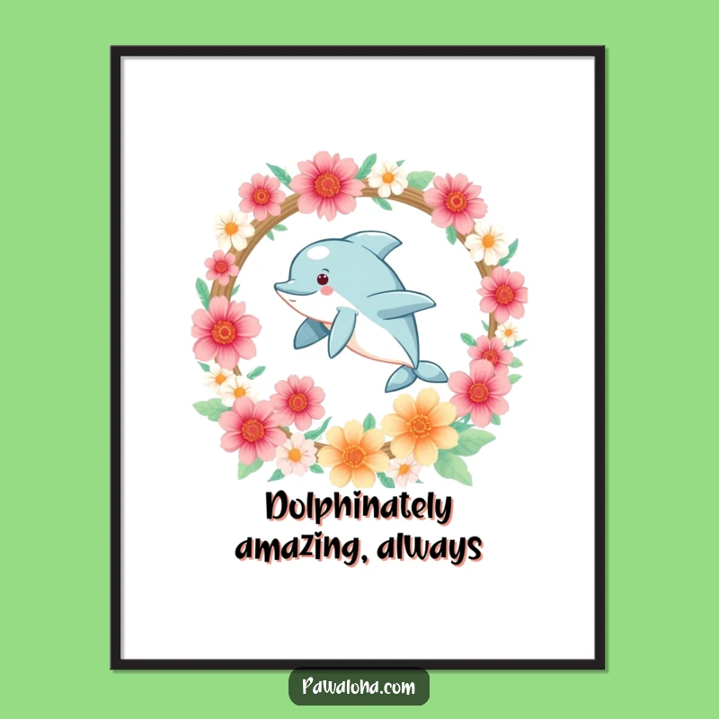 Free Printable Kawaii Dolphin Wall Art: Funny Flower Hoop Leaper Downloadable Decor