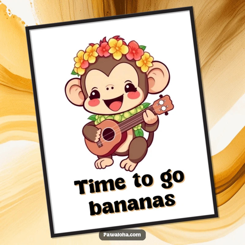 Funny Free Printable Wall Art: Kawaii monkey wearing a lei and playing a ukulele, radiating happy island vibes.