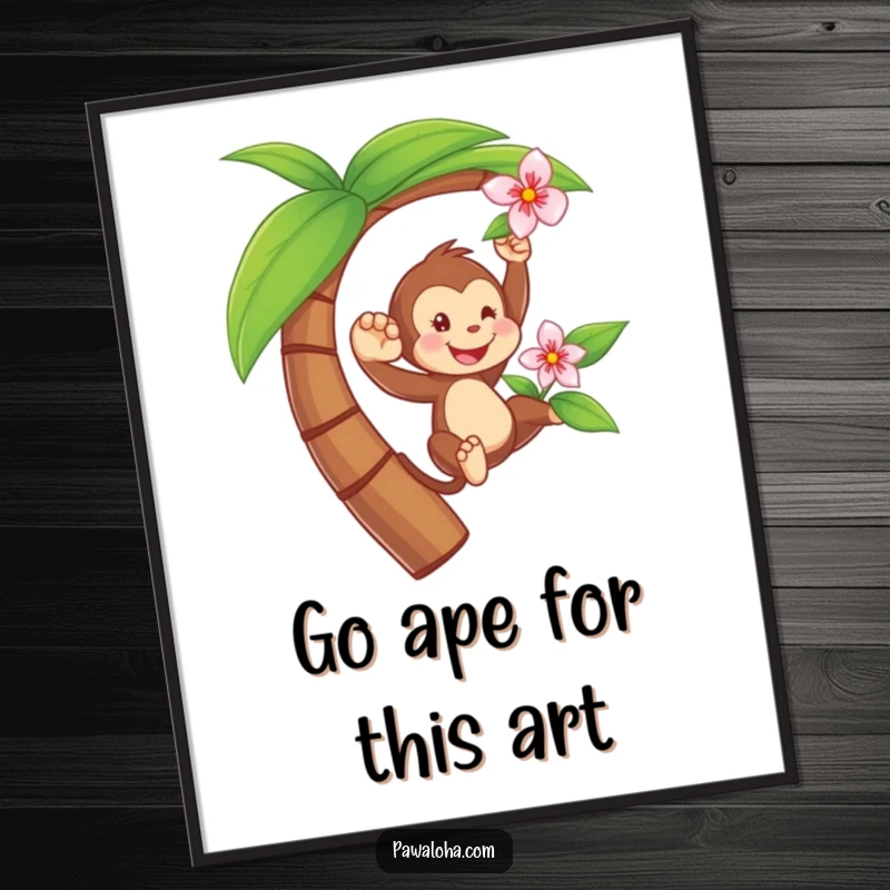 Funny Free Printable Wall Art featuring a playful monkey swinging from a palm tree with a flower, adding tropical cheer.