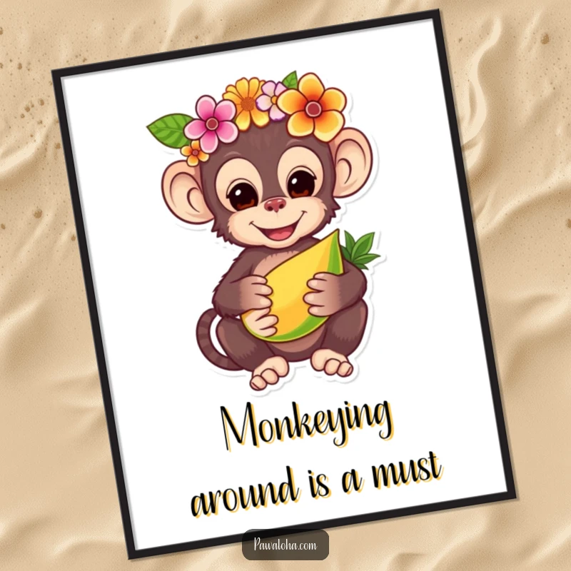 Funny Free Printable Wall Art: A charming monkey in a flower crown, offering tropical fruit, creating fun and tropical downloadable art.