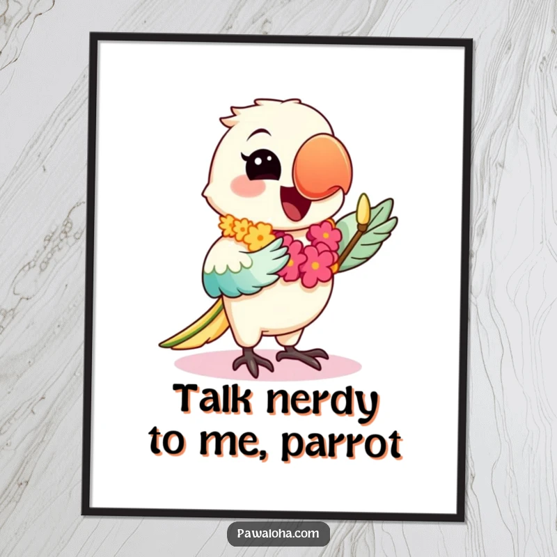 Funny Free Printable Wall Art of a happy kawaii parrot wearing a lei and dancing the hula, embodying tropical joy.