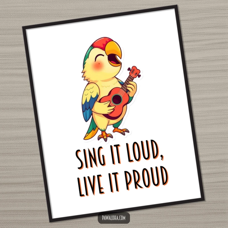 Funny Free Printable Wall Art: A colorful parrot character holds a tiny ukulele and sings, bringing musical joy and personality.