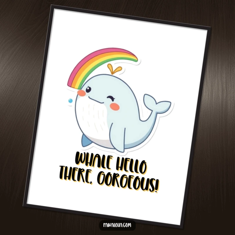 Funny Free Printable Wall Art depicting a happy whale spouting a colorful rainbow, adding a touch of whimsy and cheer.