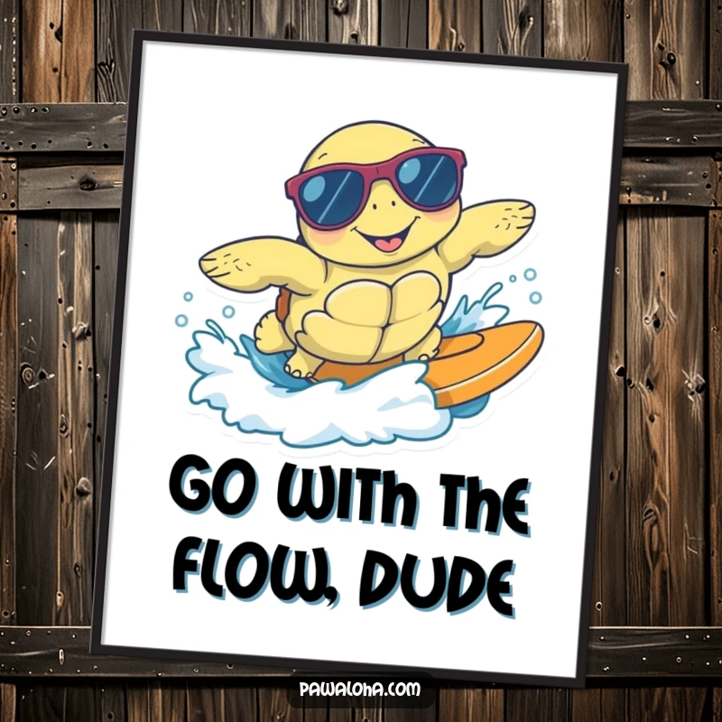 Funny Free Printable Wall Art: A sea turtle wearing sunglasses, surfing a wave, creating cool and chill downloadable decor.