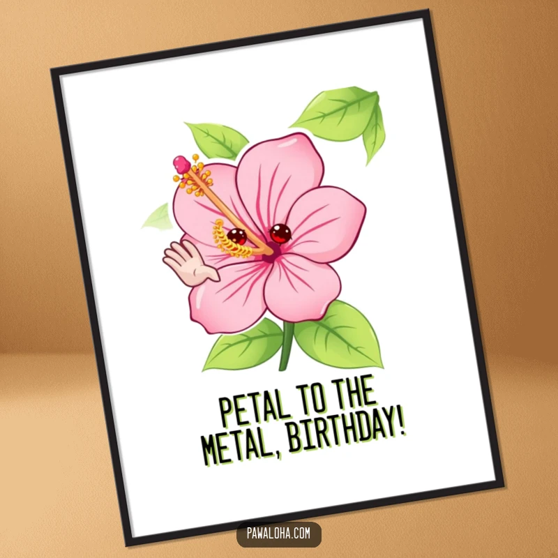 Funny Free Printable Wall Art: Adorable hibiscus flower character with petals waving hello, cheerful and friendly, perfect DIY downloadable decor.