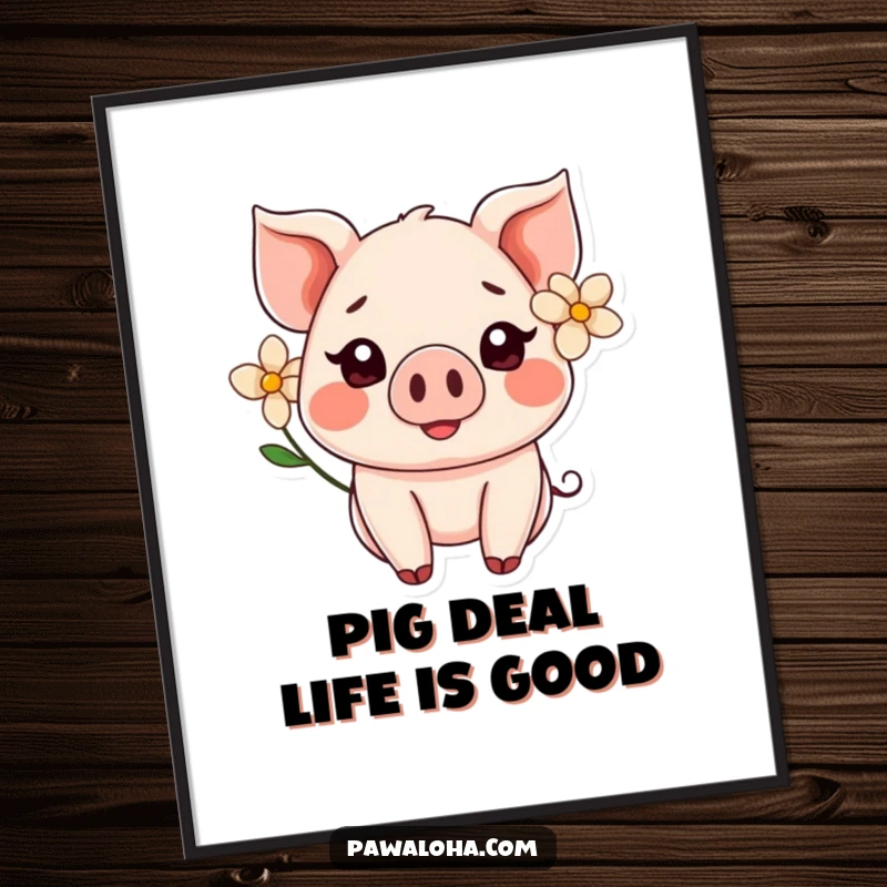 Funny Free Printable Wall Art: A charming Kawaii pig with a flower behind its ear, smiling sweetly.