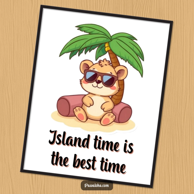 Funny Free Printable wall art of a cool animal wearing sunglasses, lounging blissfully under a palm tree in a tropical paradise.