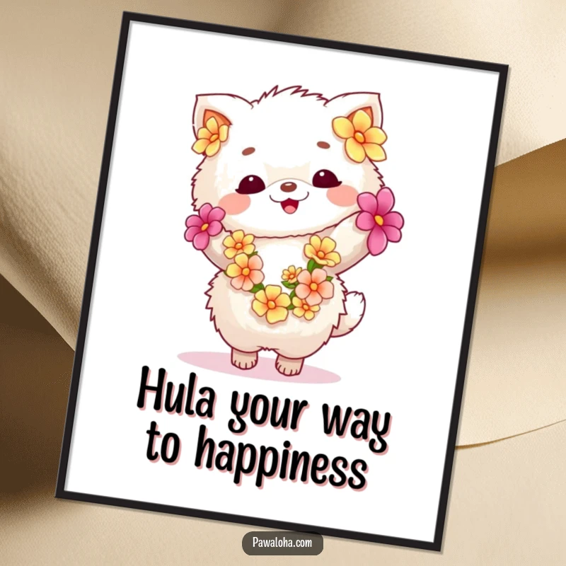 Funny Free Printable wall art of a fluffy animal adorned with a flower lei, dancing with infectious happiness in a tropical setting.