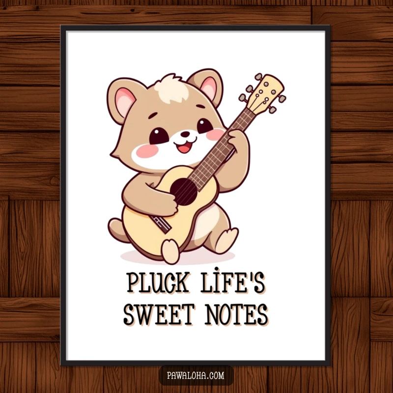 Funny Free Printable wall art depicting a happy animal with an enormous smile, energetically playing a ukulele with cheerful musical notes.