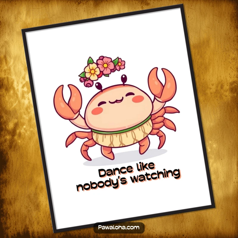 Funny Free Printable Wall Art: Kawaii crab performing a lively hula dance with its claws, full of energy.