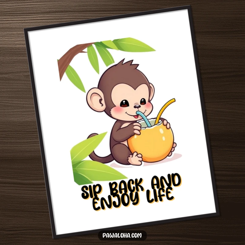 Funny Free Printable Wall Art: Kawaii monkey joyfully sipping a coconut with a straw, embodying relaxation.
