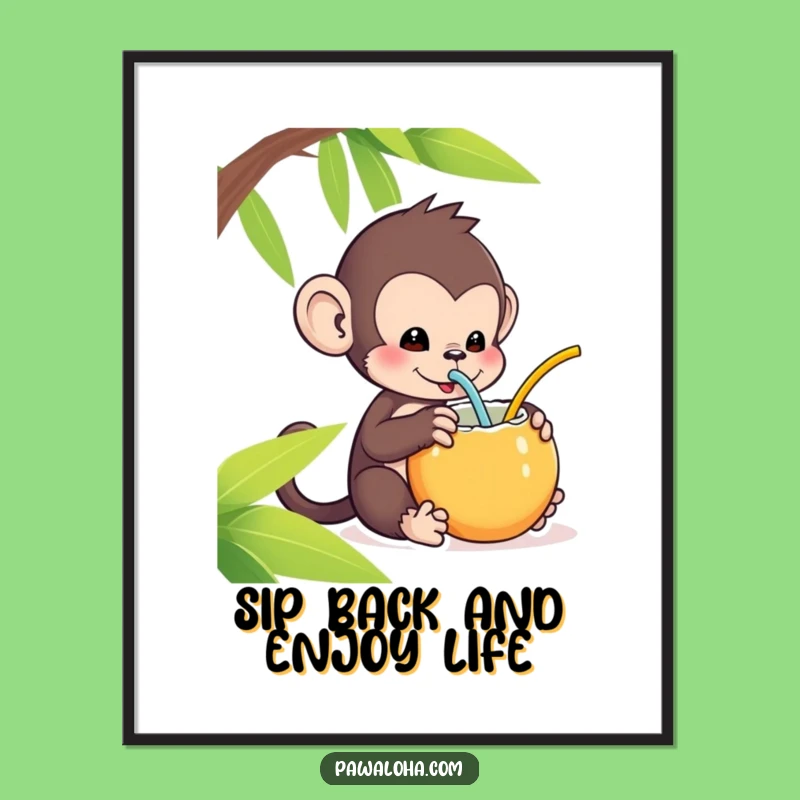 Free Printable Wall Art: Funny Kawaii Monkey Coconut Tropical Downloadable Decor