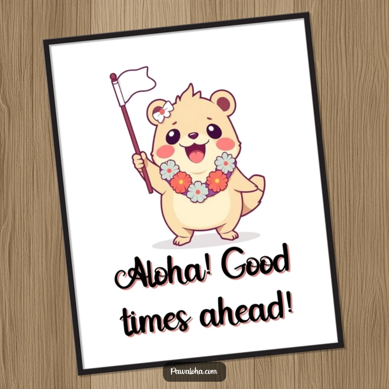 Funny Free Printable Wall Art: A whimsical creature in a leis enthusiastically waving a small flag, perfect quirky decor.