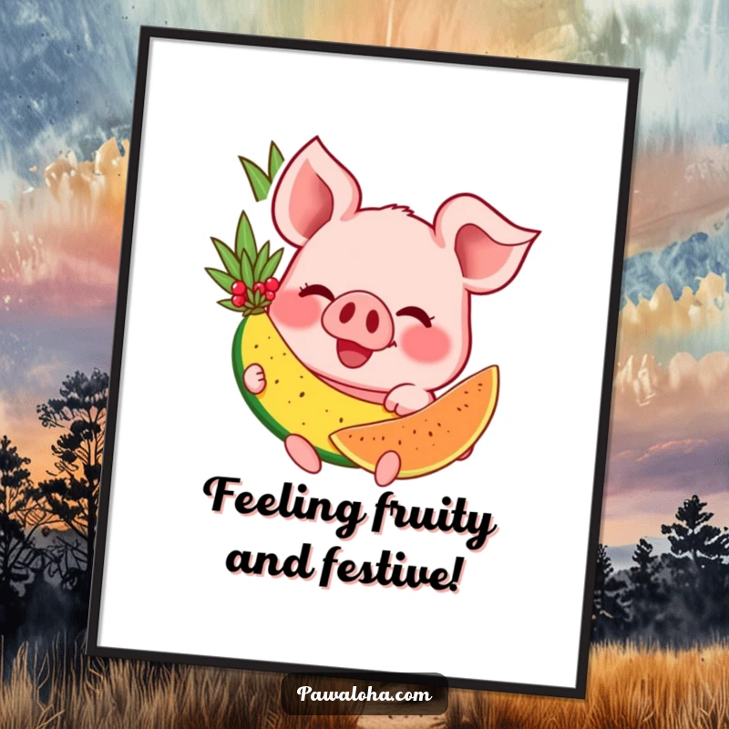 Funny Free Printable Wall Art: A joyful pig character with a wide grin eating a vibrant tropical fruit.