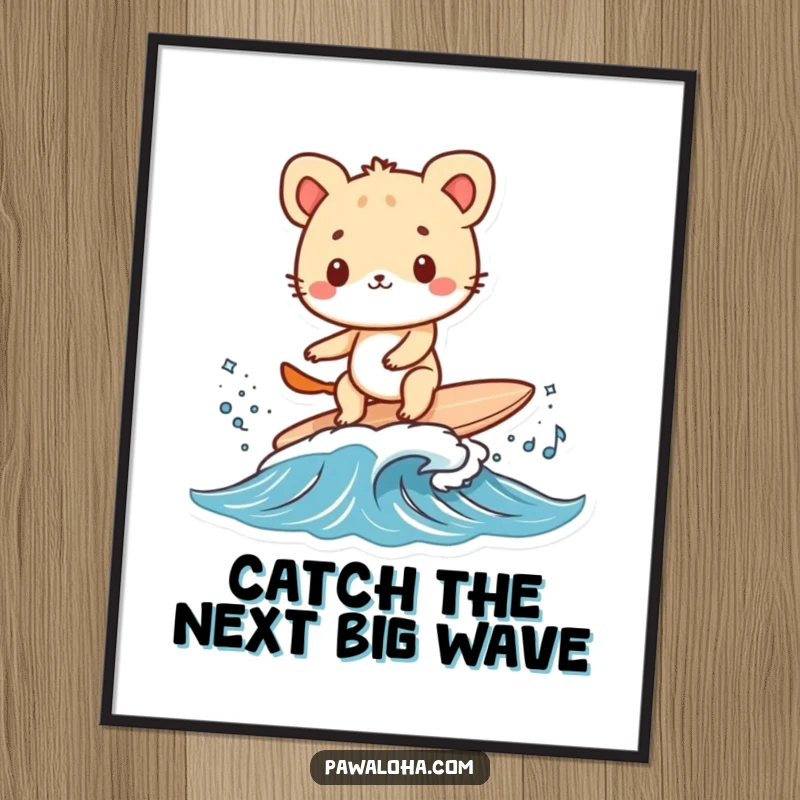 Funny Free Printable wall art depicting a playful animal skillfully surfing a small wave on a tiny surfboard, embodying pure stoke.