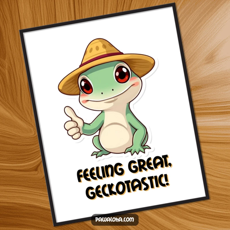 Funny Free Printable Wall Art: Smiling gecko character in a straw hat giving a thumbs up, radiating cool vibes, perfect DIY downloadable decor.