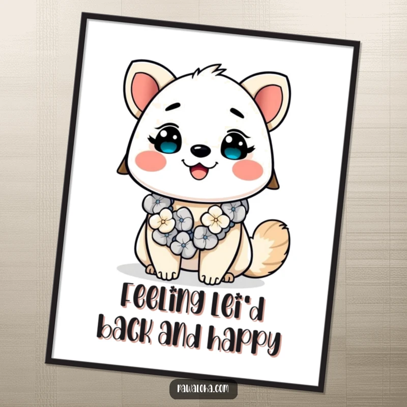 Funny Free Printable Wall Art: Kawaii animal with a vibrant lei around its neck, wearing a dazzling, happy smile.