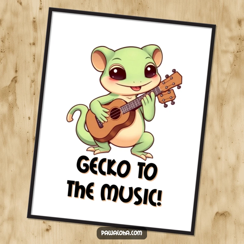 Funny Free Printable Wall Art: An energetic Kawaii gecko playing a ukulele with pure enthusiasm.