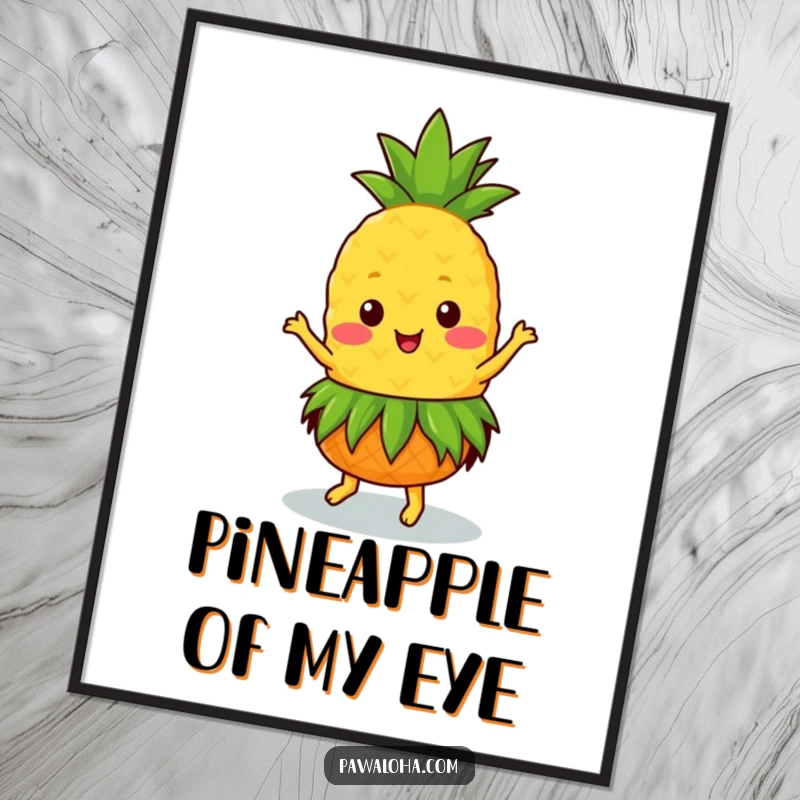 Funny Free Printable Wall Art: A happy Kawaii pineapple in a grass skirt, dancing with joy.