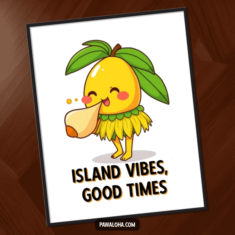 Funny free printable wall art of a smiling mango in a grass skirt enthusiastically blowing a conch shell, bringing tropical vibes.