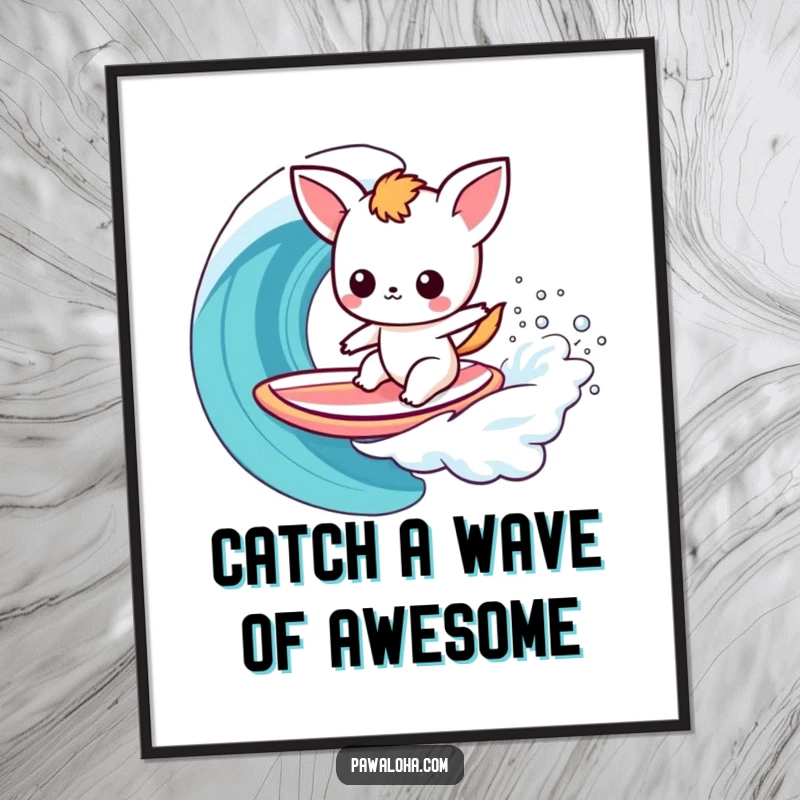 Funny Free Printable Wall Art: Kawaii animal balancing on a surfboard while riding a spectacular rainbow wave.