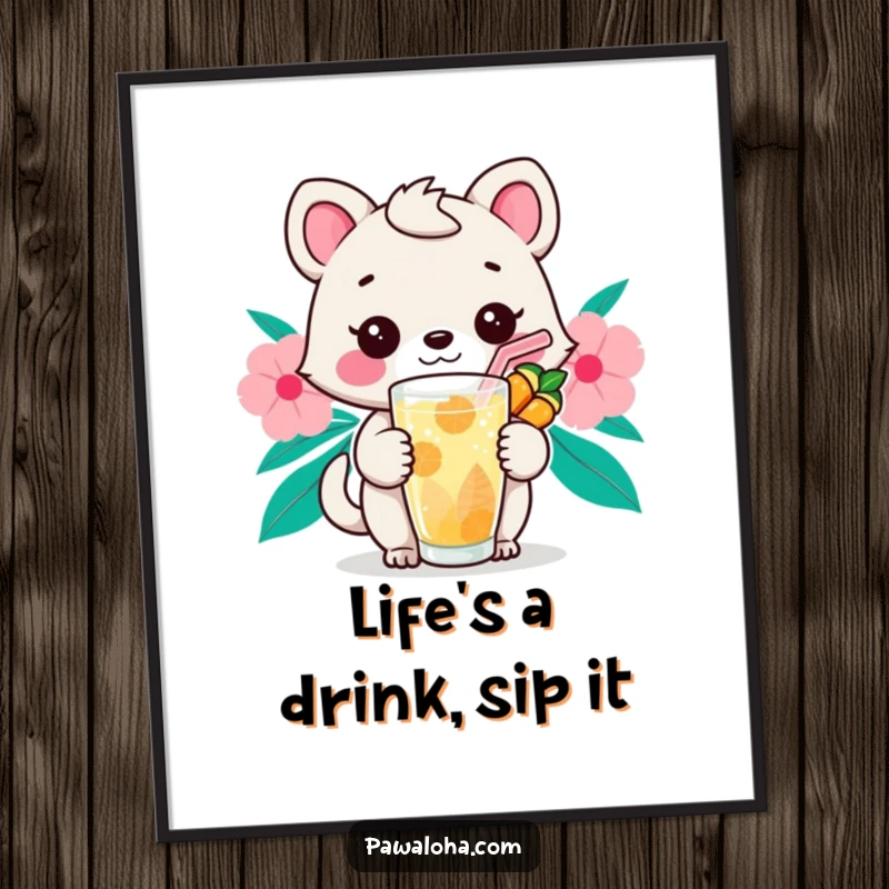 Funny Free Printable Wall Art: Kawaii animal holding a colorful tropical drink with a straw, embodying relaxation.