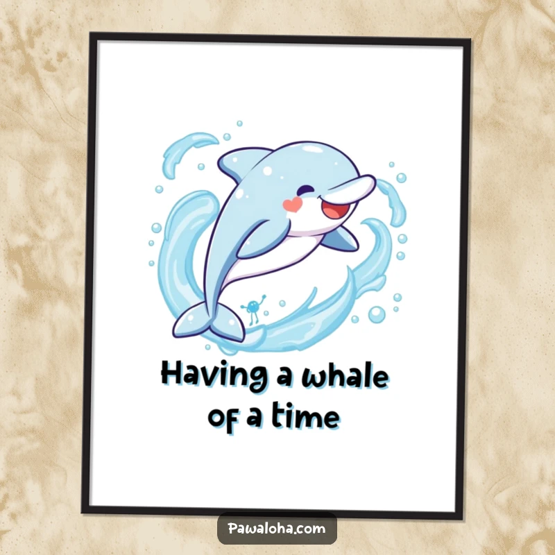 Funny Free Printable Wall Art: Kawaii dolphin leaping high and exuberantly through stylized ocean waves, downloadable art.