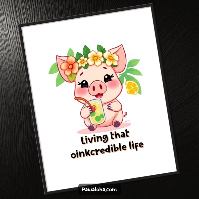Funny Free Printable Wall Art: Cheerful pig character wearing a flower crown, relaxing with a tropical drink. Tropical downloadable art.