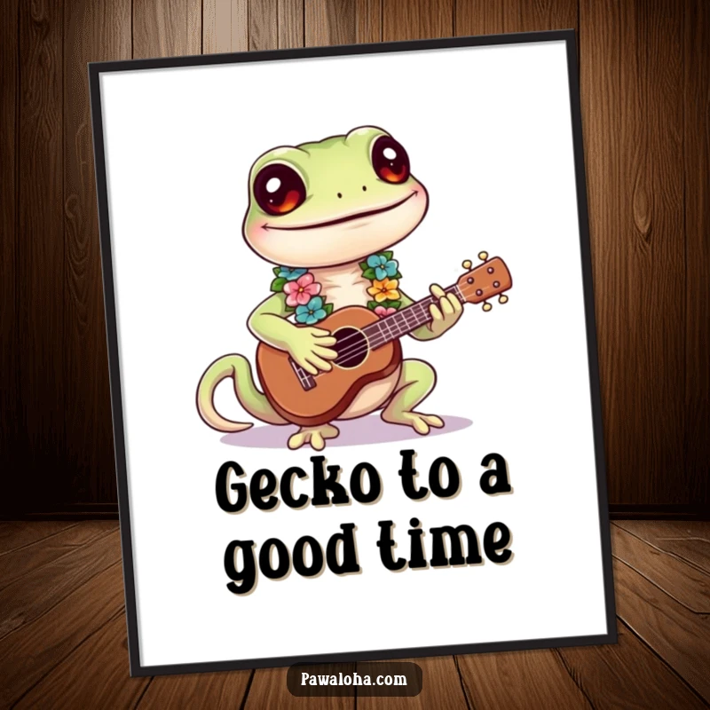 Funny Free Printable Wall Art: Cute Smiling Gecko Wearing a Tiny Lei, Strumming a Ukulele, Tropical Decor