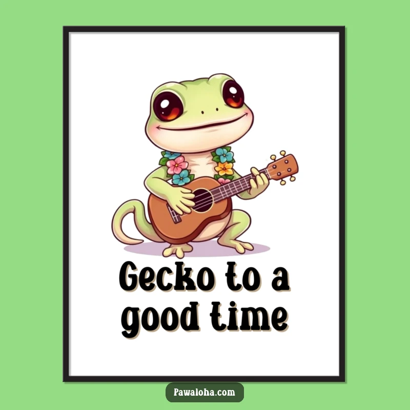 Free Printable Wall Art: Happy Gecko with Ukulele, Hilarious Downloadable Tropical Decor