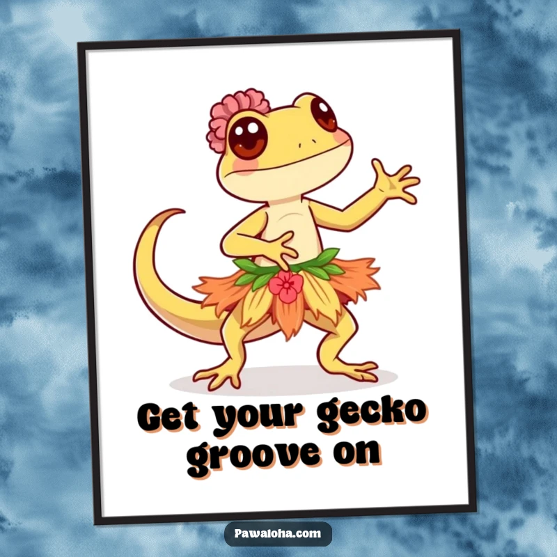 Funny Free Printable Wall Art of a kawaii gecko in a colorful hula skirt, performing a graceful and energetic dance.
